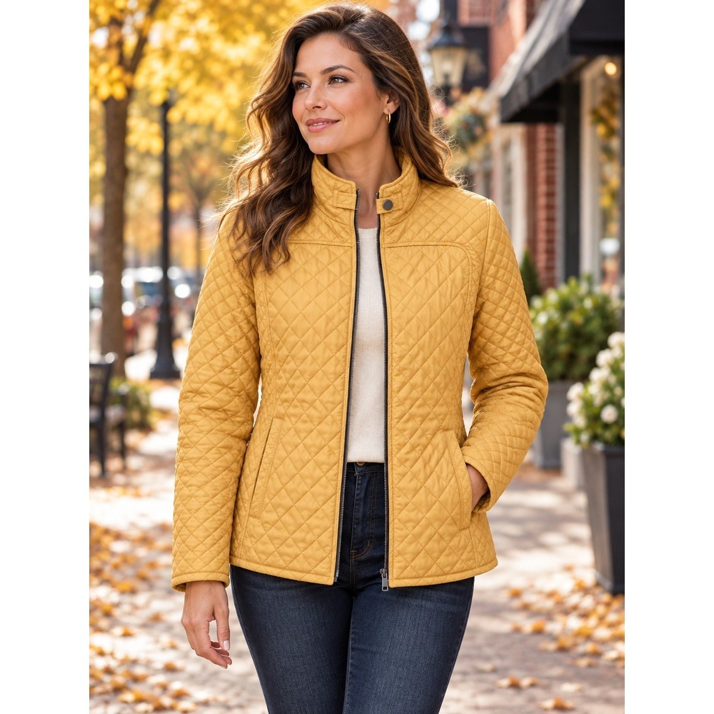 Southern Lady Quilted Jacket Women L 14 Yellow Full Zip Pockets Light Fall Layer
